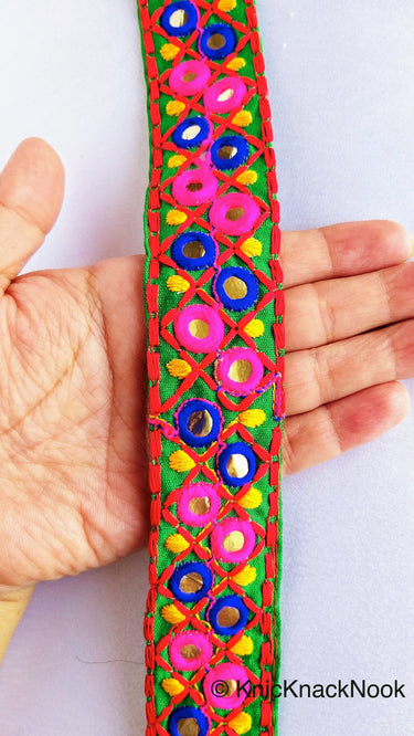Green Cotton Fabric Mirrored Trim With Embroidery In Fuchsia Pink, Blue, Red & Yellow Threads